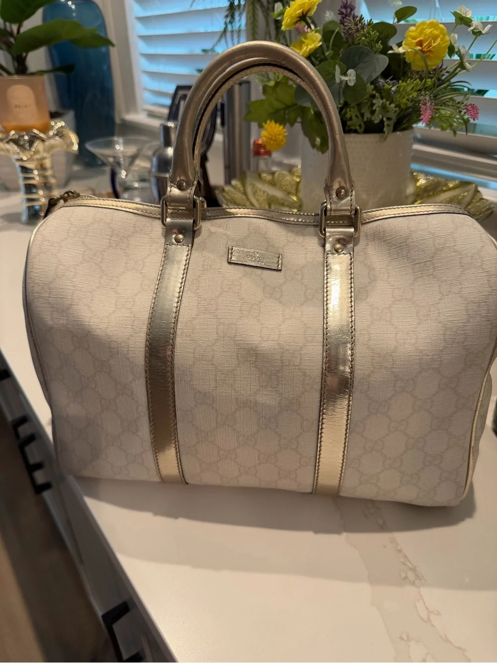 Authentic Gucci Metallic-Trim Monogram Boston Bag